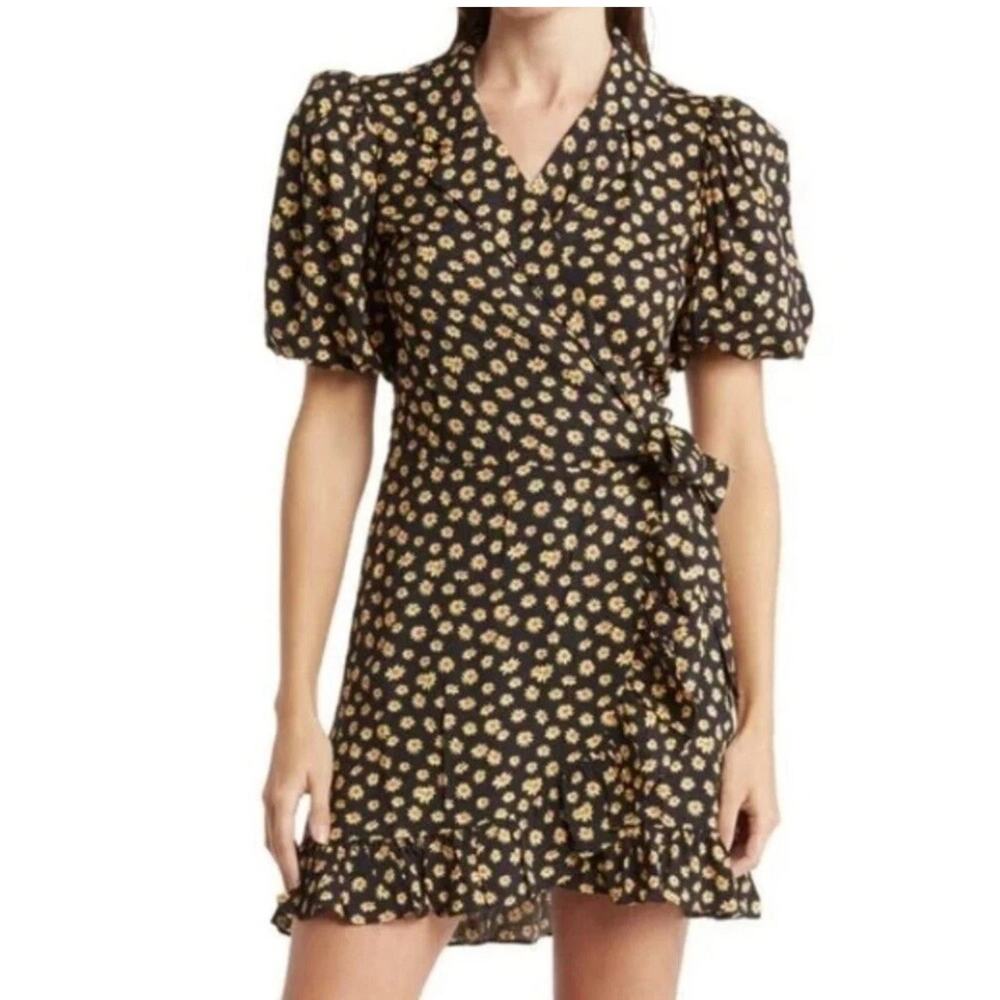 WeWoreWhat Womens Black Floral Wrap Dress Puff Sleeve Size Small Boho Romantic